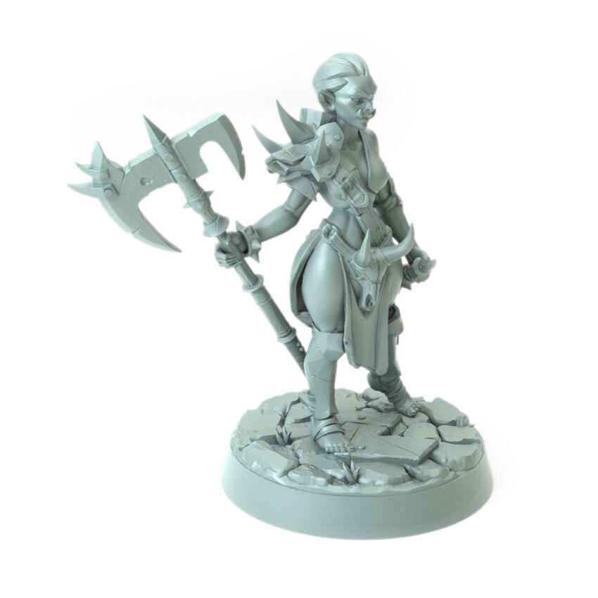 3D printed Skull Collectors A female orc holding a double-bladed axe with spiked armor standing on a cracked stone base from the Iron Skull Orcs theme