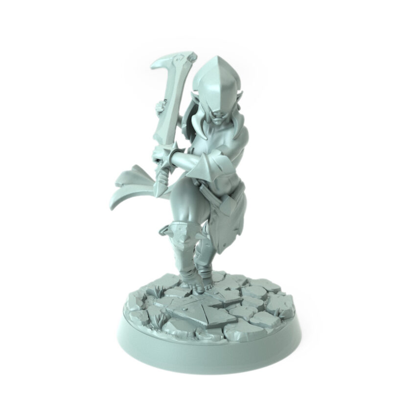 3D printed Skull Collectors D female orc holding a hooked blade wearing angular armor standing on a cracked stone base from the Iron Skull Orcs theme