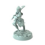 3D printed Skull Collectors D female orc holding a hooked blade wearing angular armor standing on a cracked stone base from the Iron Skull Orcs theme