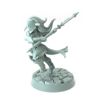 3D printed Skull Collectors F female orc wielding a dual-bladed spear wearing a full-face helmet standing on a rugged stone base from the Iron Skull Orcs theme