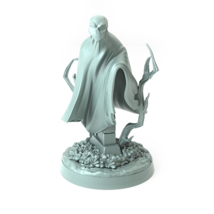 Spectre Lurking 3D-printed ghostly figure with flowing cloak for Halloween and dark fantasy tabletop RPGs