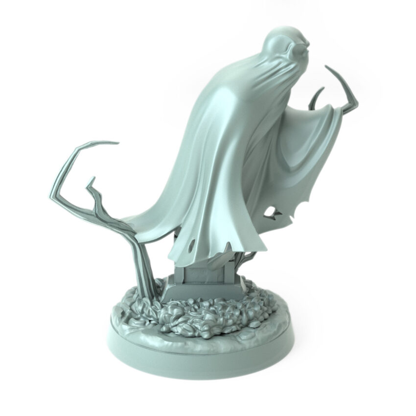 Spectre Lurking 3D-printed ghostly figure with flowing cloak for Halloween and dark fantasy tabletop RPGs