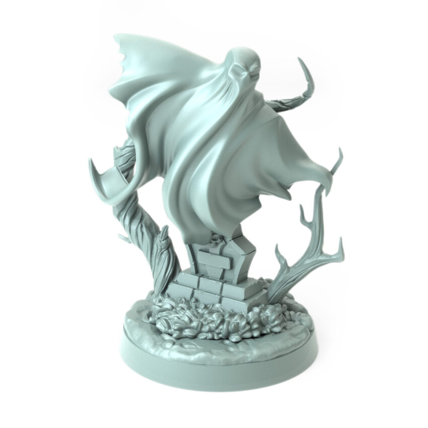 Spectre Seeking 3D-printed ghostly figure emerging from a tombstone for dark fantasy and Halloween-themed tabletop RPGs