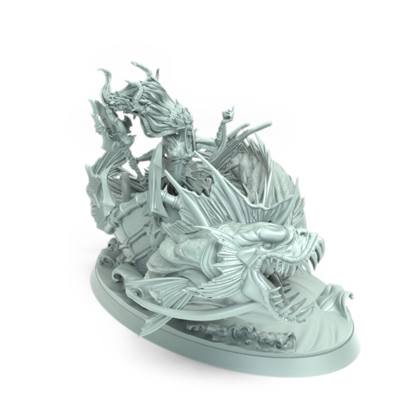 High-detail 3D-printed model of The Siren Queen riding a deep-sea creature.