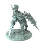 3D printed Troll Drover B orc warrior riding a spiked armored troll with a serrated spear standing on a rugged terrain base from the Iron Skull Orcs theme