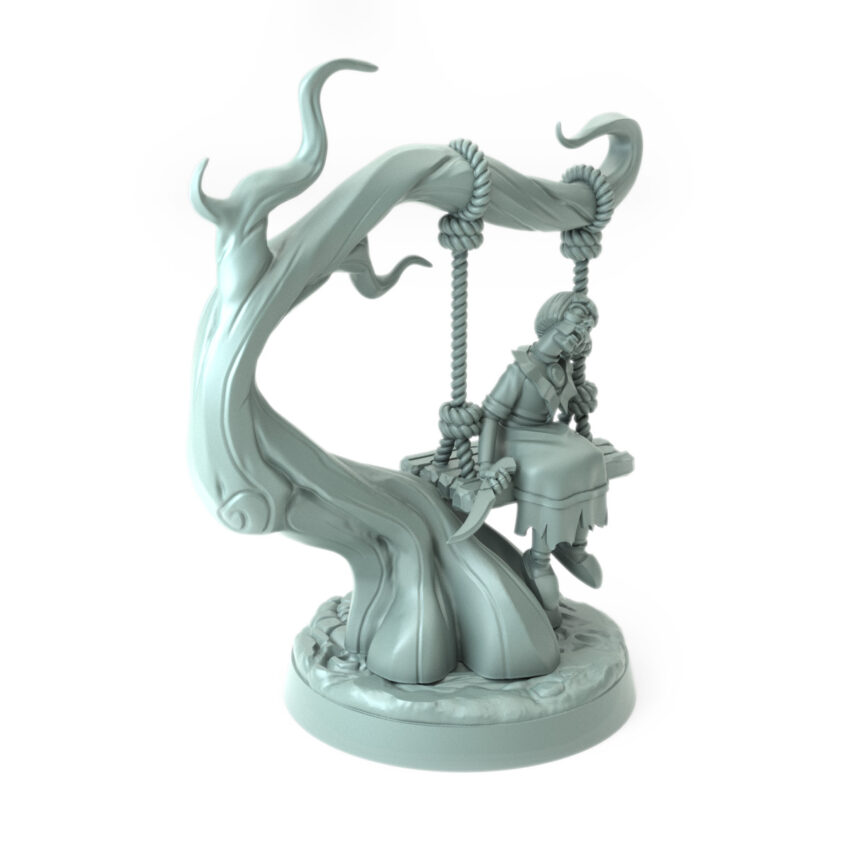 Twisted Tommy 3D-printed haunted child figure on a swing for Halloween and dark fantasy tabletop RPGs