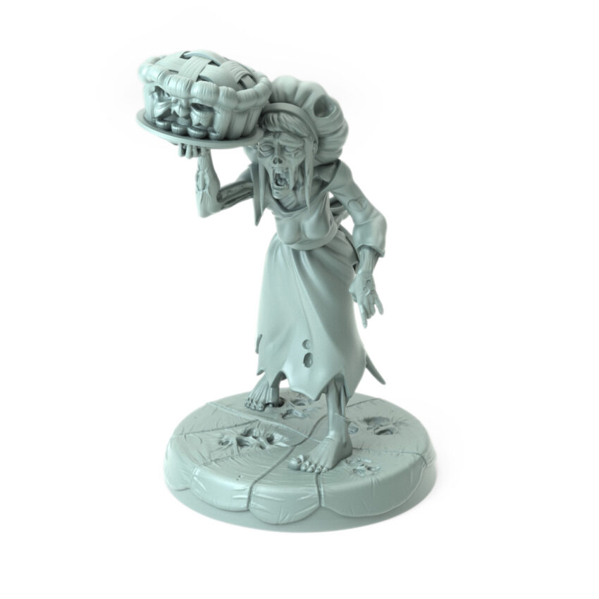 Undead Cook 3D-printed haunted cook holding a sinister pie for Halloween and dark fantasy tabletop RPGs