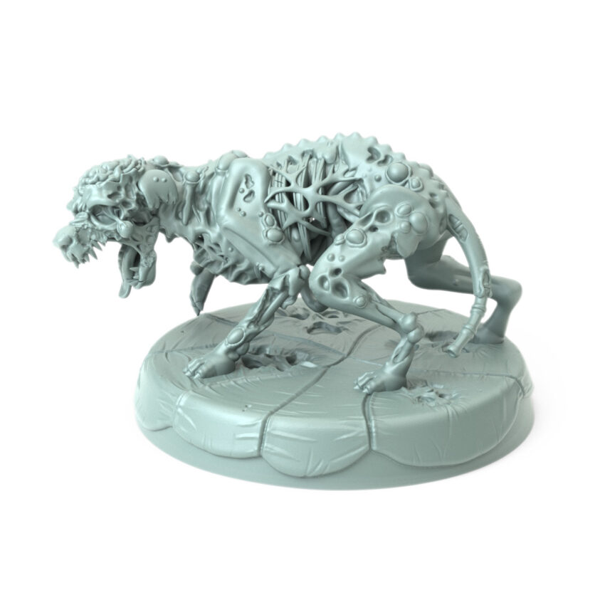 Undead Dog 3D-printed decaying dog figure for dark fantasy and Halloween-themed tabletop RPGs