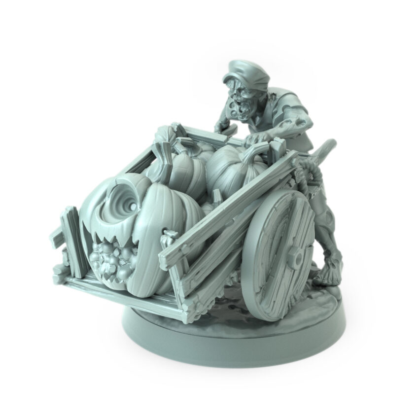 Undead Wagoner 3D-printed figure with a spooky cart for dark fantasy and Halloween-themed tabletop RPGs