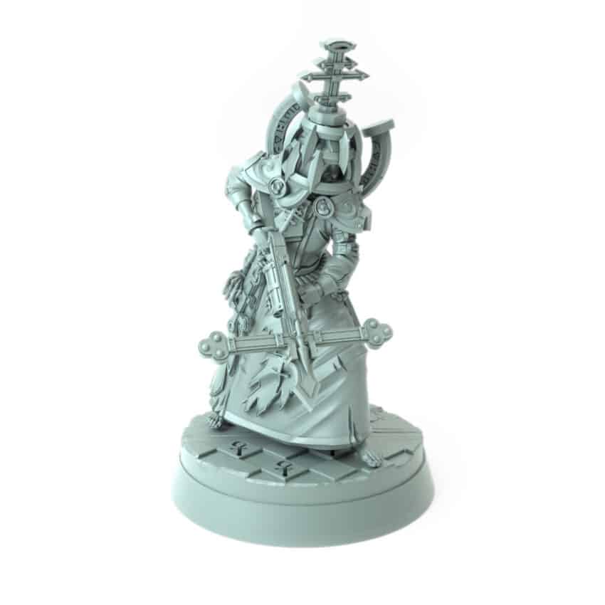 intricate 3D printed dark cleric nun miniature with cross weapon for tabletop games