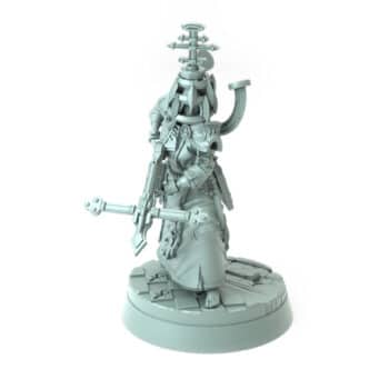 intricate 3D printed dark cleric nun miniature with cross weapon for tabletop games