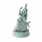 intricate 3D printed dark cleric nun miniature with cross weapon for tabletop games