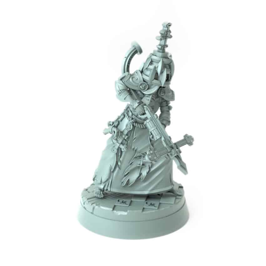 intricate 3D printed dark cleric nun miniature with cross weapon for tabletop games