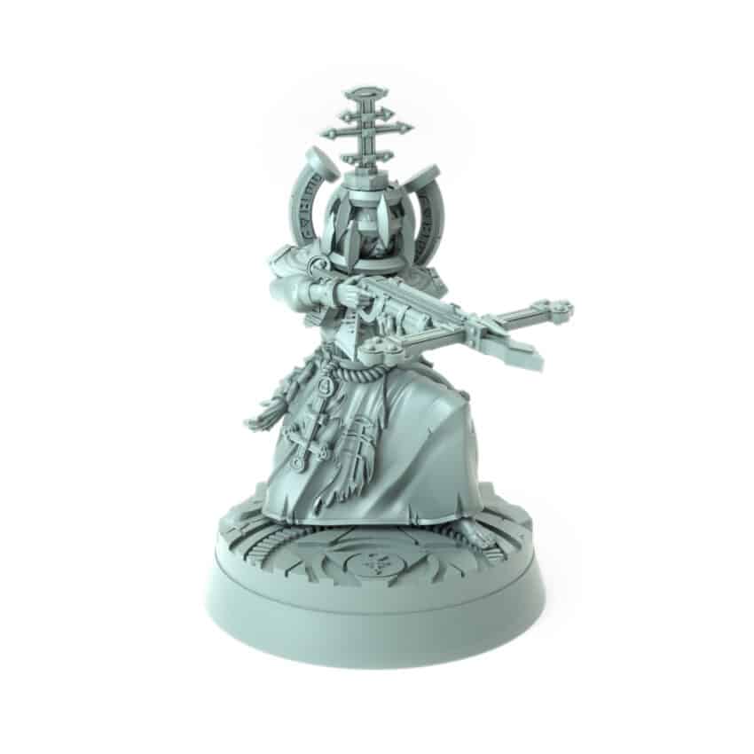 high detail 3D printed battle nun miniature with crossbow weapon for tabletop games