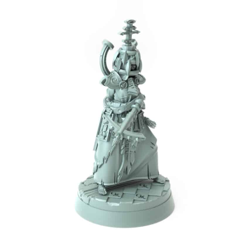 highly detailed 3D printed dark cleric figure with ceremonial weapon for tabletop games