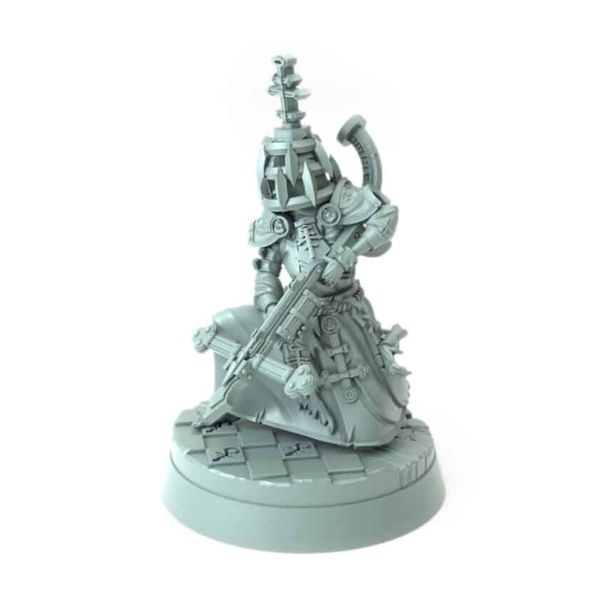 highly detailed kneeling 3D printed cleric mini with cross-shaped weapon for tabletop games