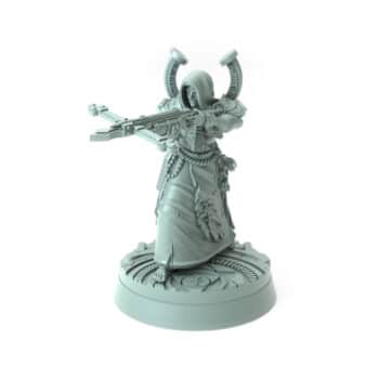 highly detailed 3D printed hooded cleric miniature with crossbow for tabletop games