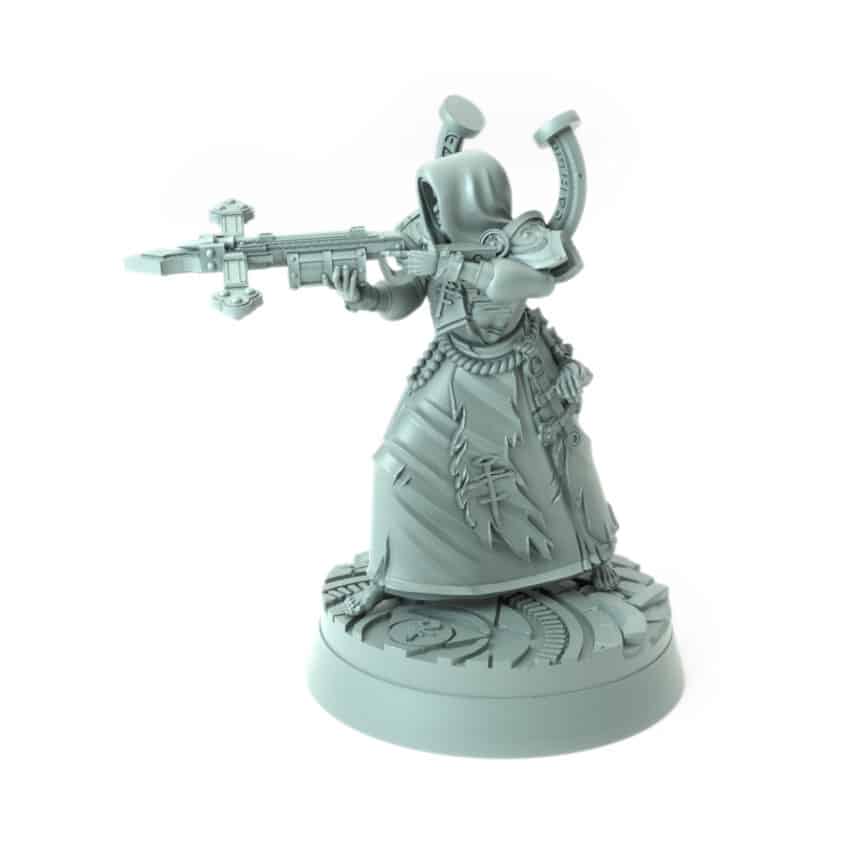 highly detailed 3D printed hooded cleric miniature with crossbow for tabletop games