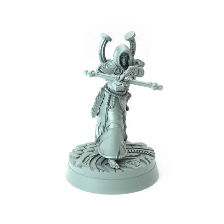 highly detailed 3D printed hooded cleric miniature with crossbow for tabletop games