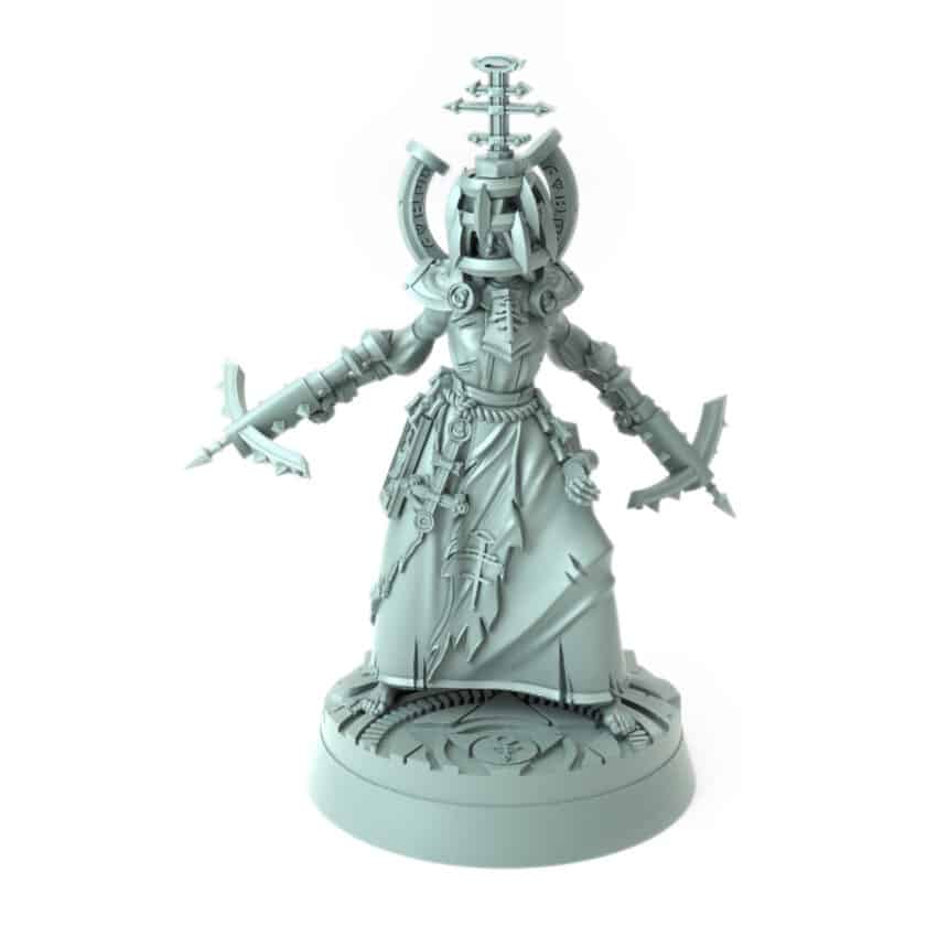 intricate 3D printed cleric mini with dual blades for tabletop games