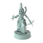 intricate 3D printed cleric mini with dual blades for tabletop games