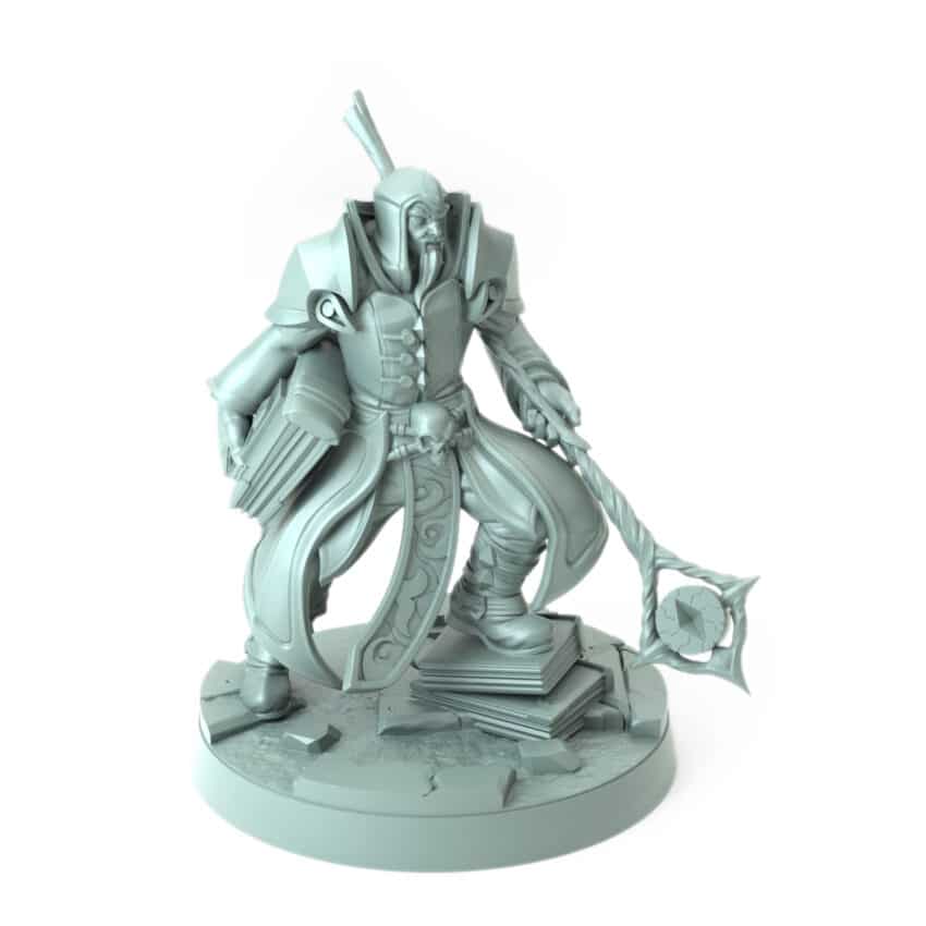 Wizard 3D-printed powerful sorcerer with staff and books fantasy tabletop gaming