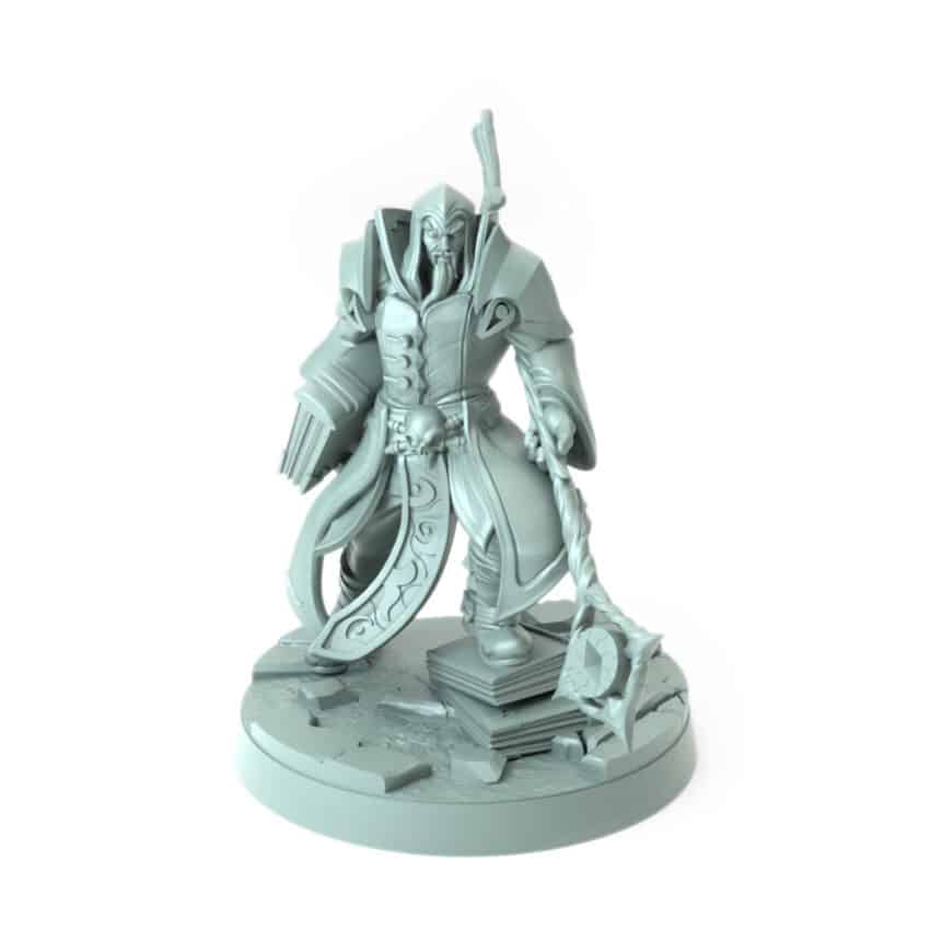 Wizard 3D-printed powerful sorcerer with staff and books fantasy tabletop gaming