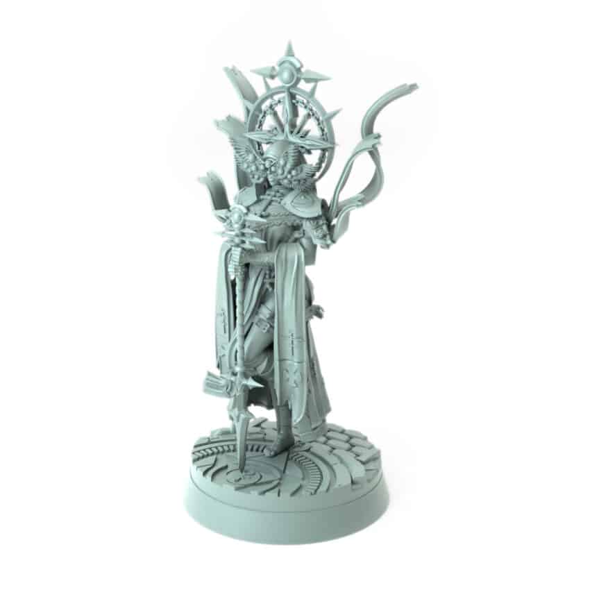 intricate 3D printed abbess figure in ceremonial armor for tabletop games