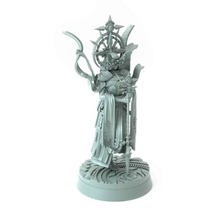 intricate 3D printed abbess figure in ceremonial armor for tabletop games