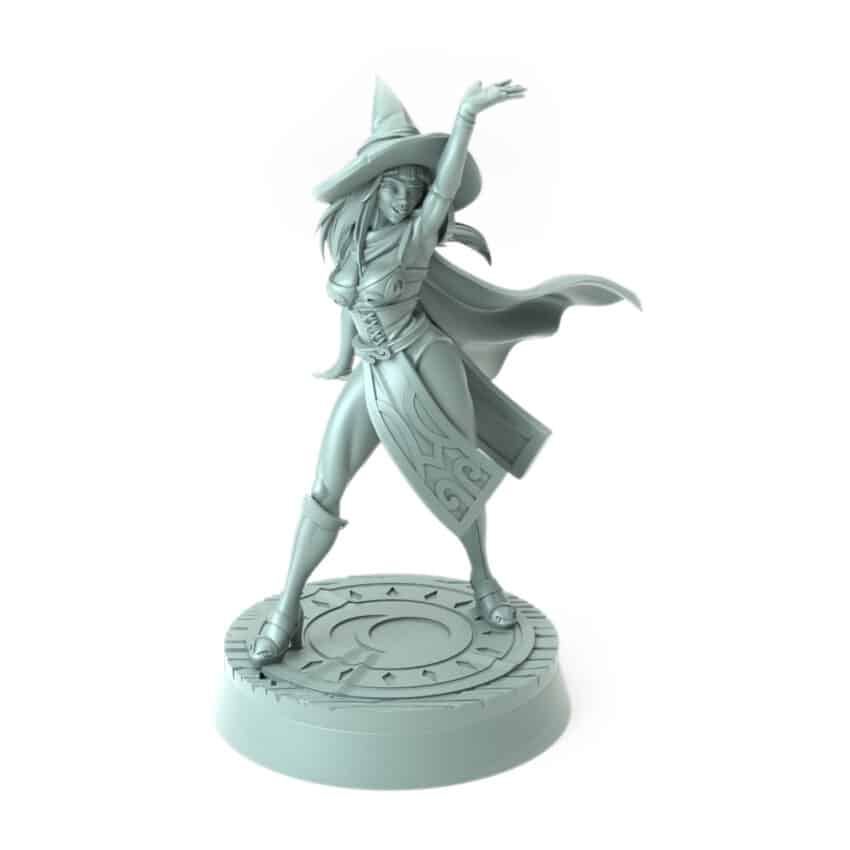 3D-printed fantasy miniature Zephyra with a joyful smile and magical pose