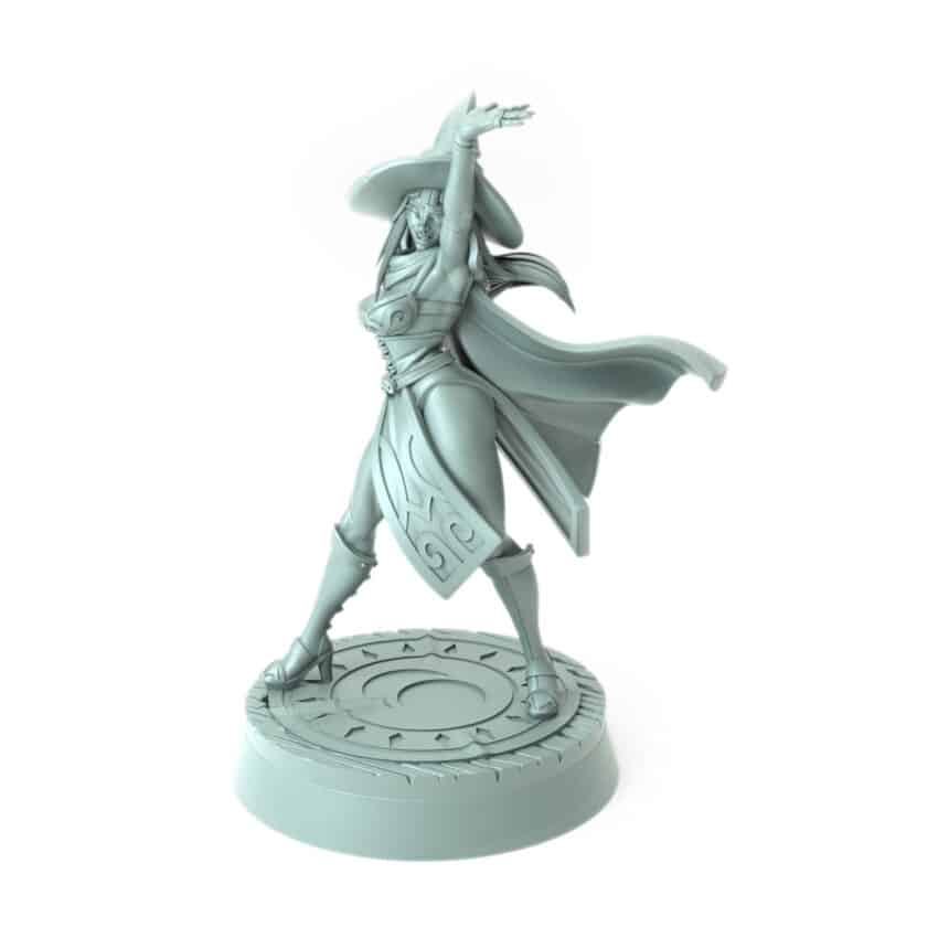 3D-printed fantasy miniature Zephyra with a joyful smile and magical pose